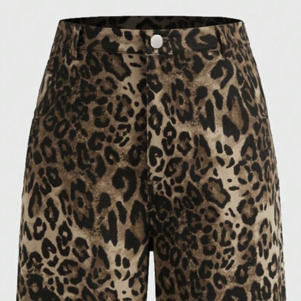 Brown black leopard cheetah denim jean like straight / wide pants - Picture 5 of 5